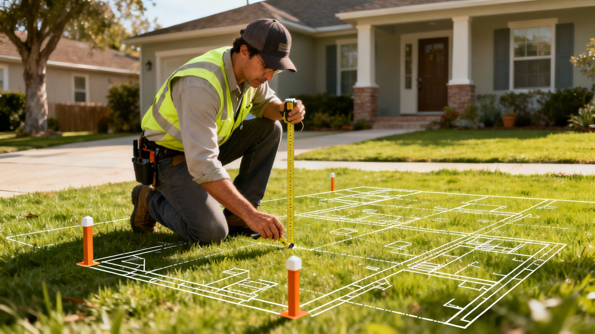 A surveyor using equipment to measure a property line with a house in the background