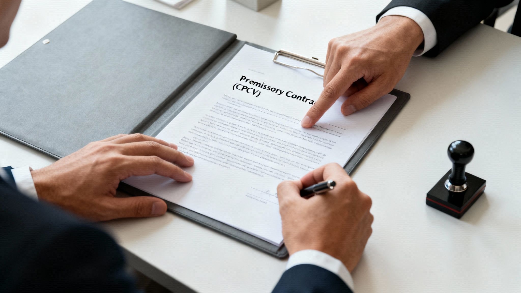 Two individuals signing a promissory contract on a white desk, one person pointing to the document.