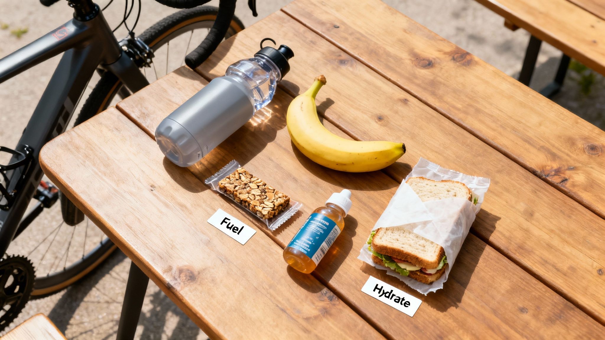 A bicycle rests beside a wooden table with a water bottle, banana, granola bar, and sandwich, representing fuel and hydration for cycling.