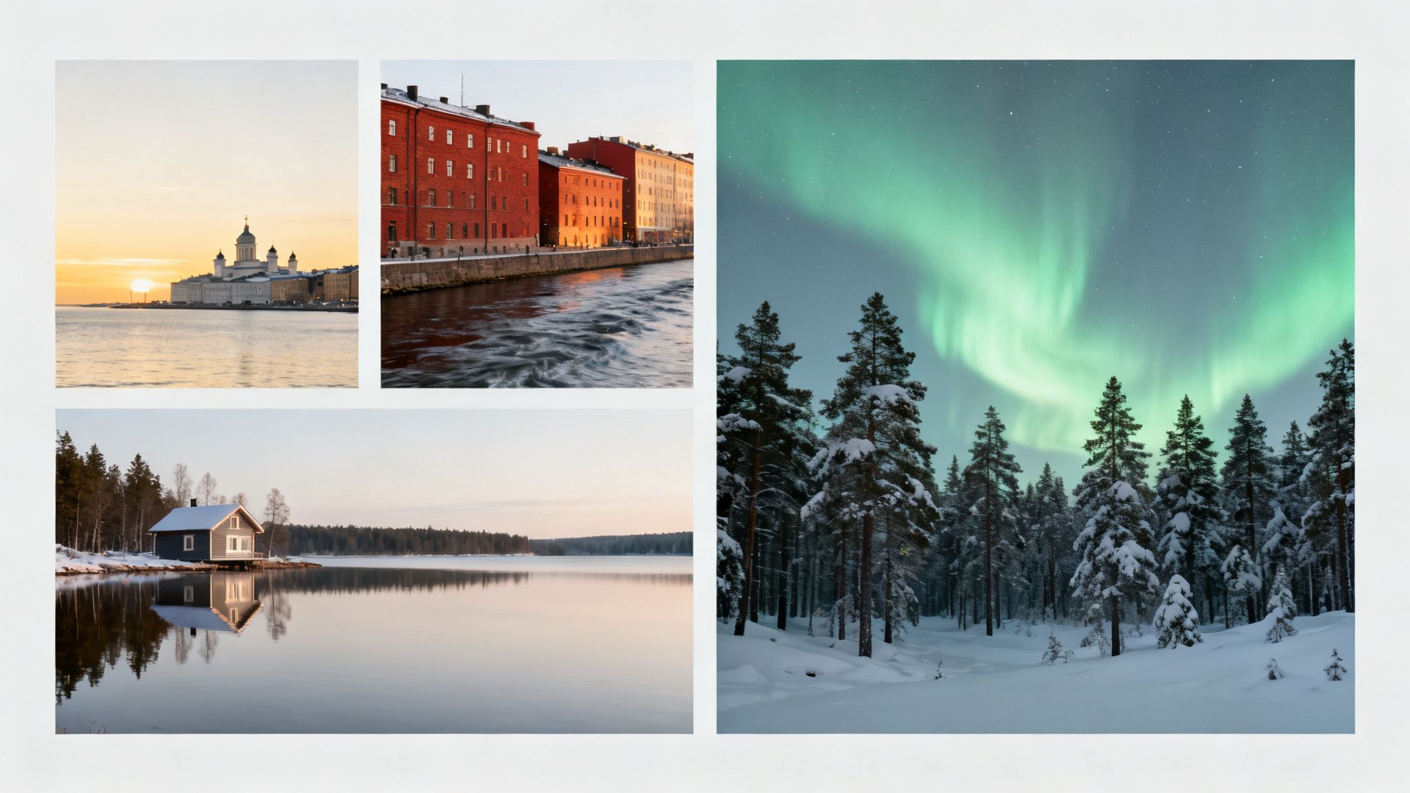 A collage displaying diverse Finnish landscapes and cityscapes, including Helsinki, a lakeside cabin, and the Northern Lights.