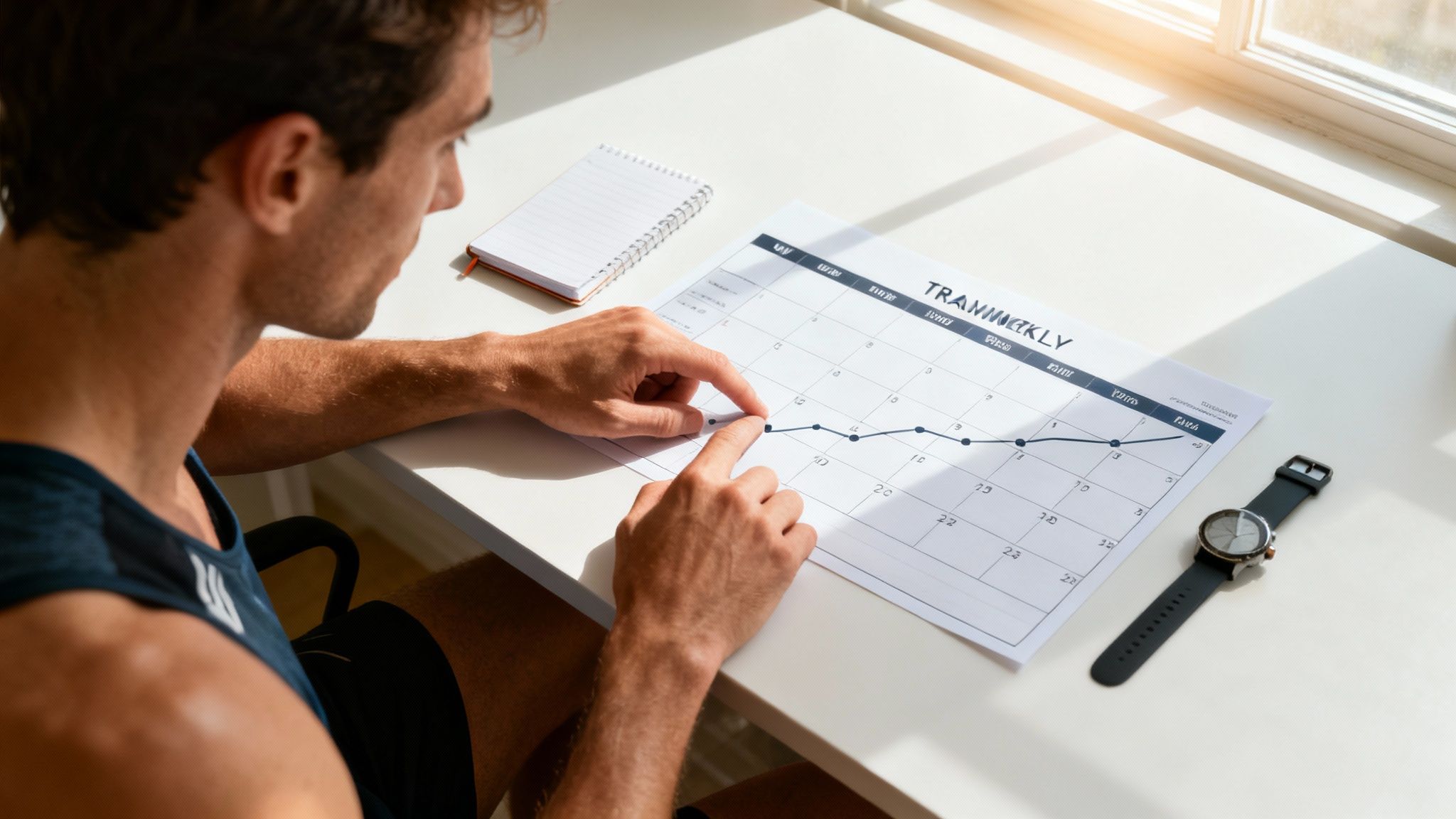 A man in a tank top reviews his weekly training schedule, pointing at a line graph on a calendar.