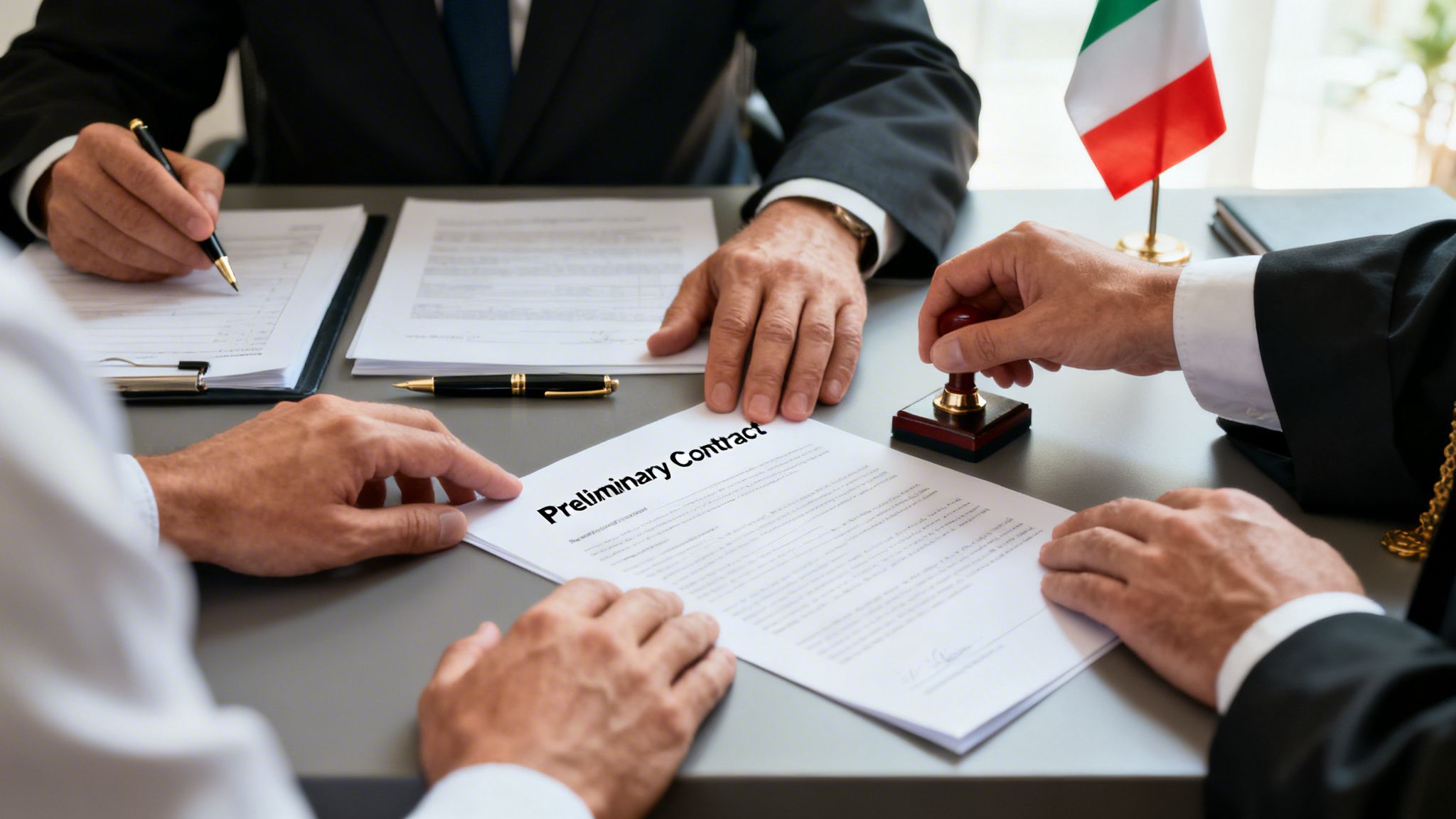 Businesspeople review and sign a preliminary contract on a table with an Italian flag.