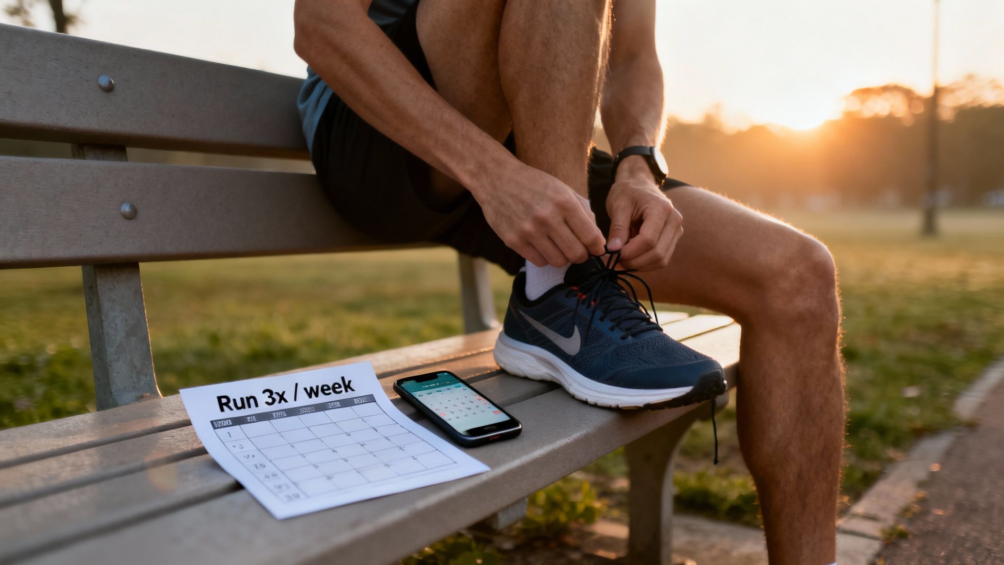 A person sits on a park bench, tying their blue running shoe, next to a run tracking plan and smartphone.