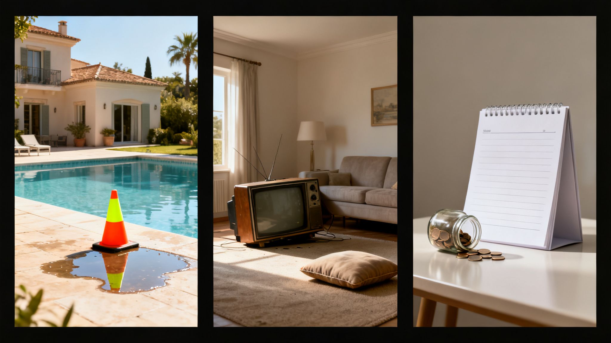 Three panels show a poolside warning cone, a broken TV, and spilled coins, suggesting property issues and financial concerns.