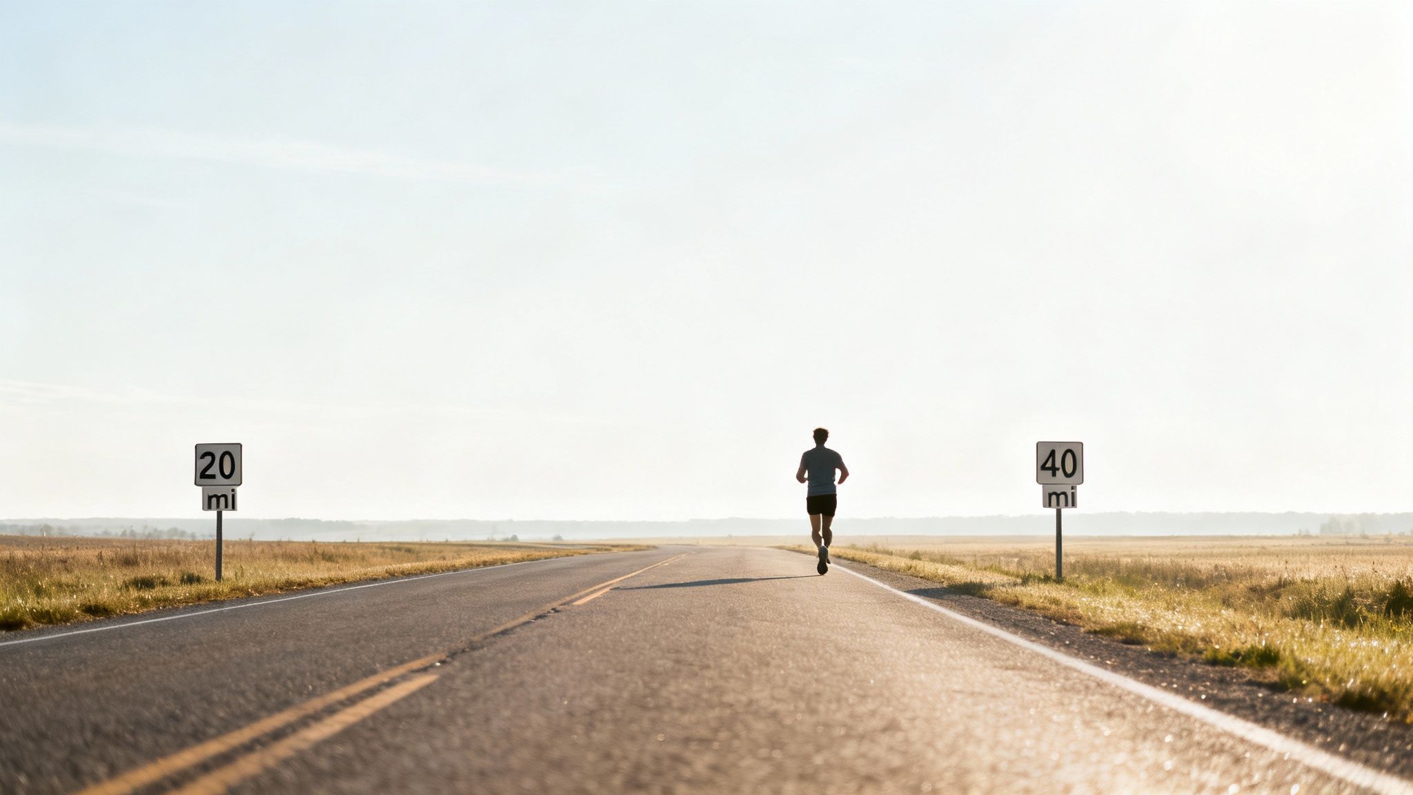 A lone runner on a long, straight road through fields, passing '20 mi' and '40 mi' signs.