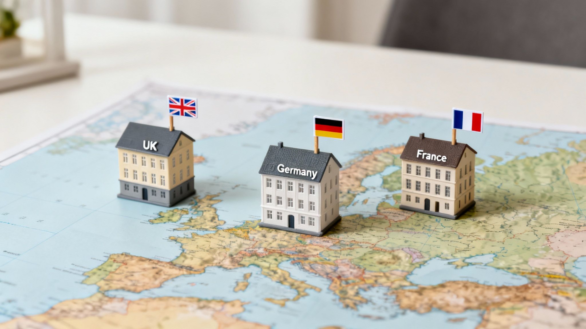 Miniature houses with UK, German, and French flags placed on a detailed map of Europe.