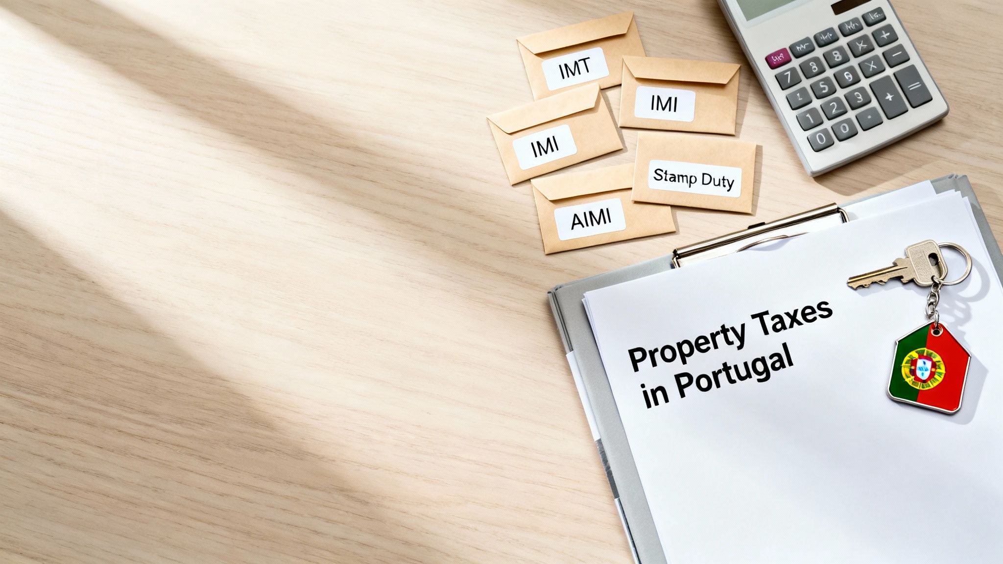 A desk setup featuring documents about Portuguese property taxes, envelopes, calculator, and a key.