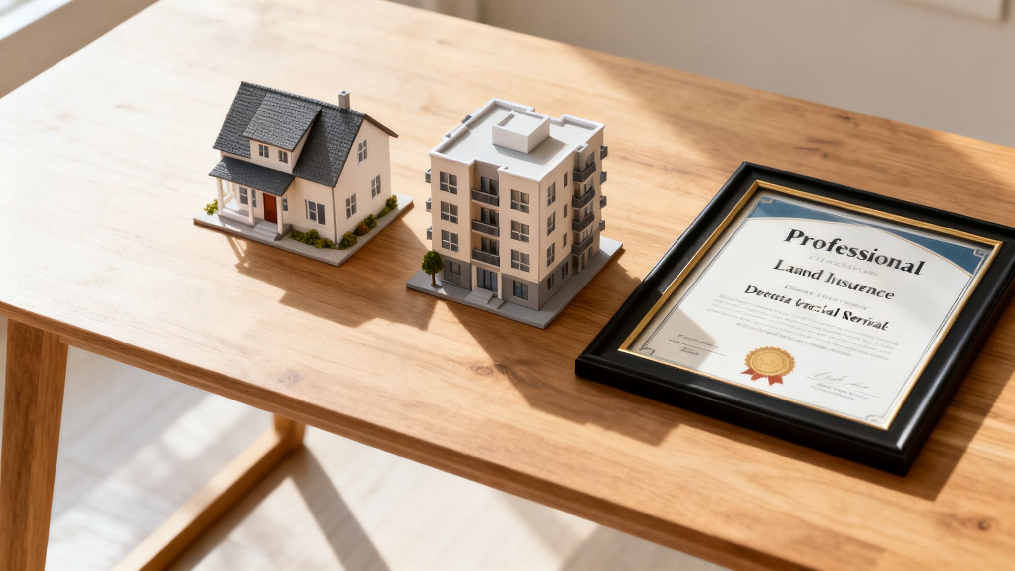 Miniature house and apartment building models with a 'Professional Land Insurance' certificate on a wooden table.