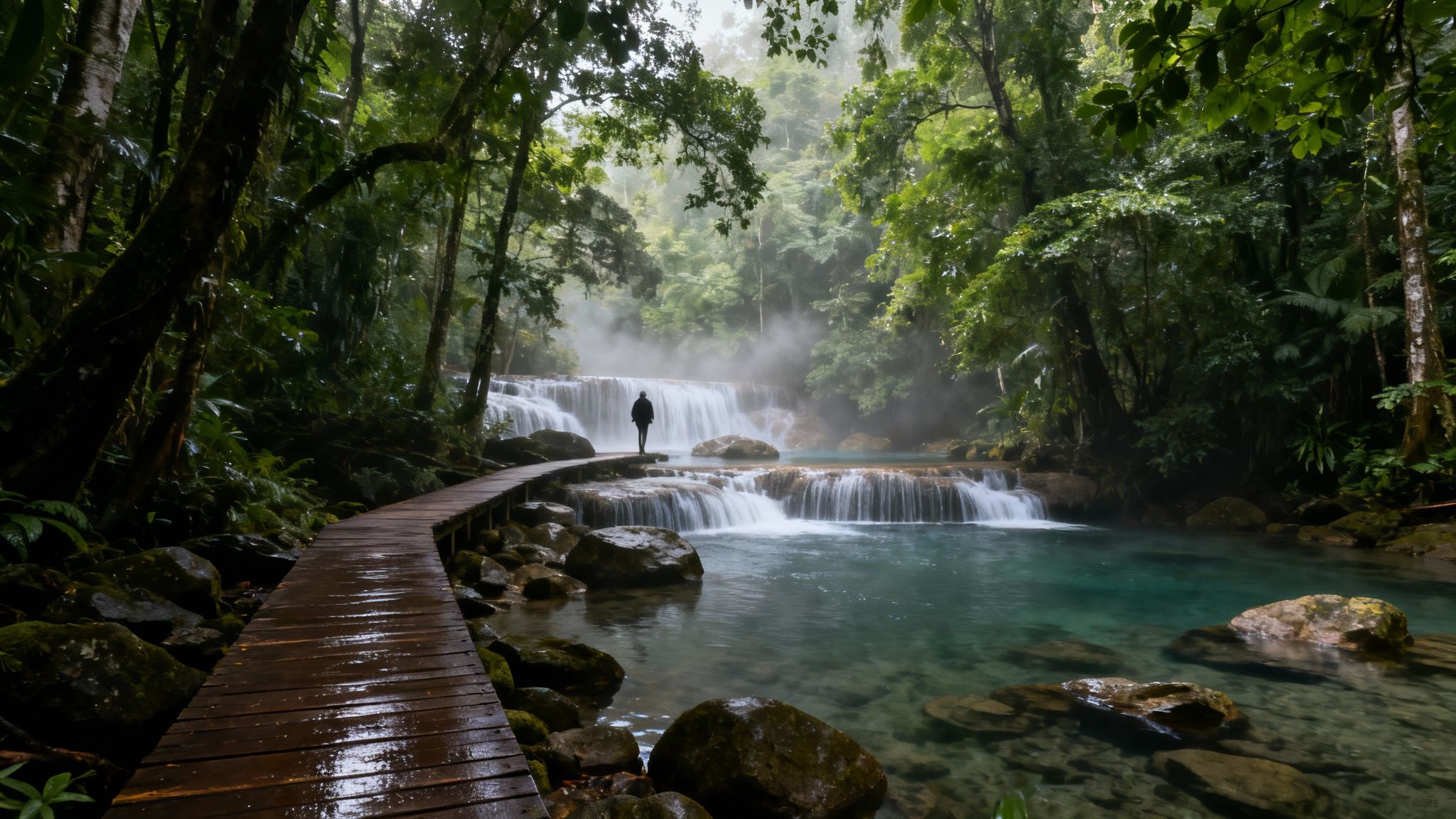 A person walks on a wooden boardwalk alongside tranquil turquoise waterfalls in a lush, misty forest.