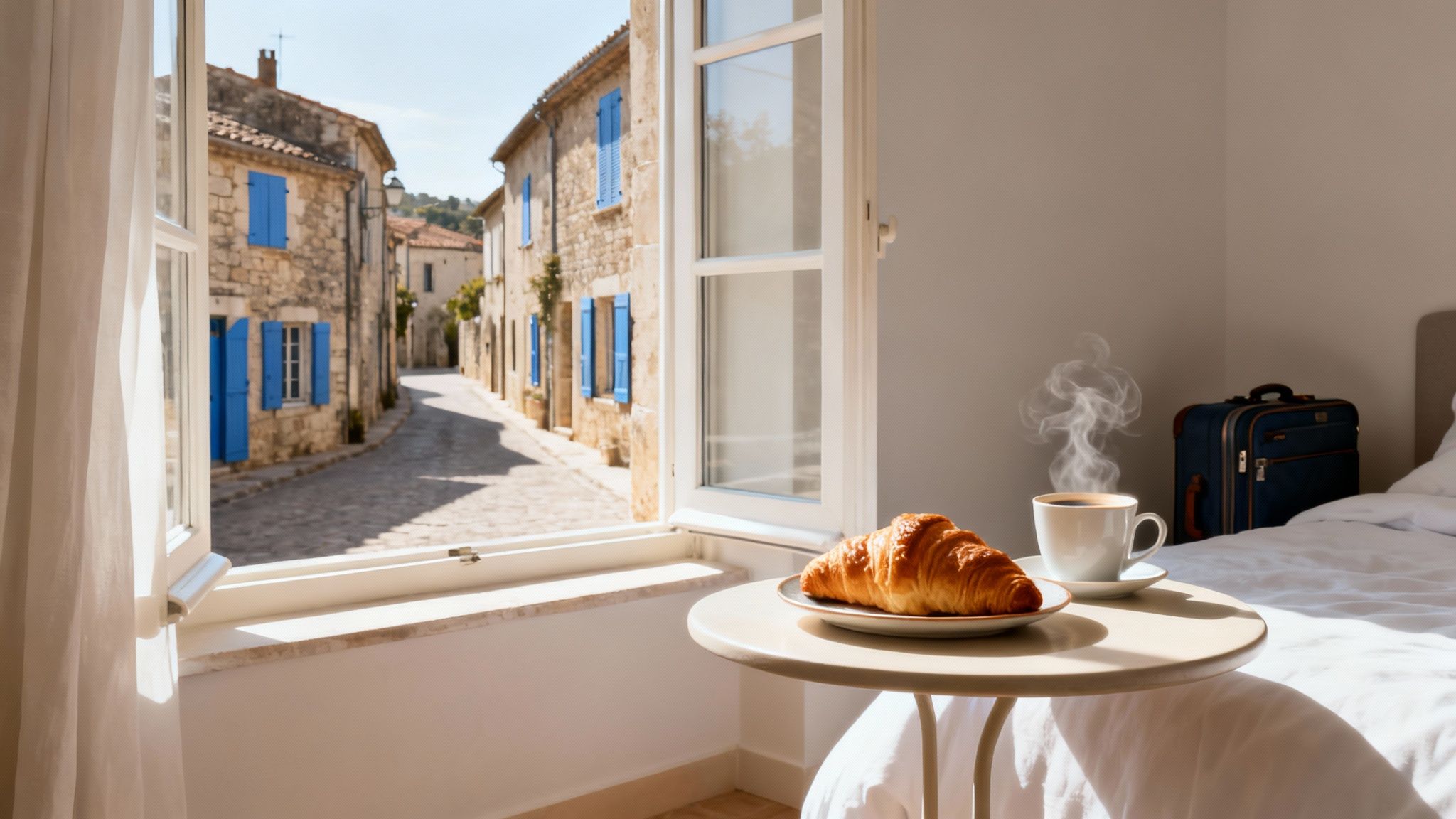 A cozy bedroom view of a charming French village street with croissant and coffee.
