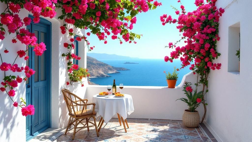 A sunny coastal town in Spain with white buildings and blue water