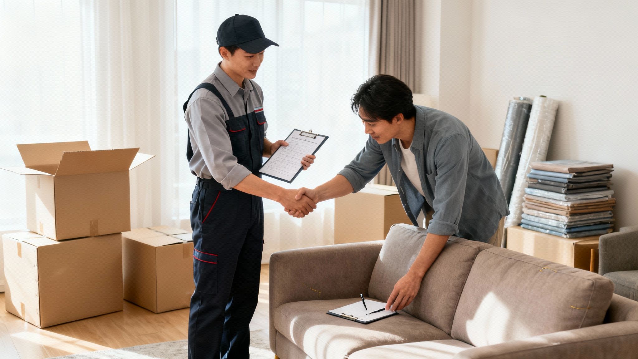 Delivery man and customer shake hands in a room filled with moving boxes and furniture.