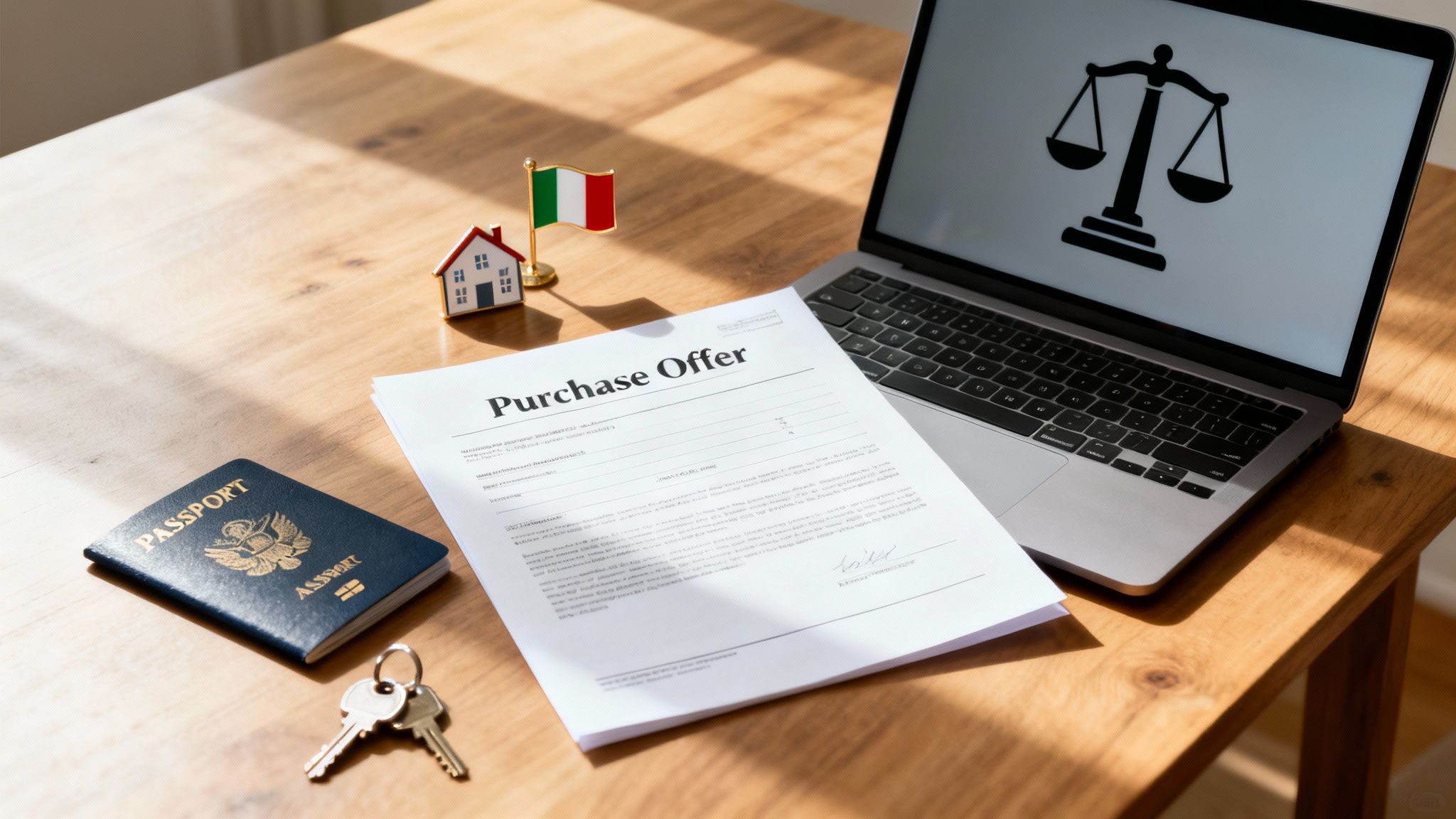 A purchase offer document, US passport, house keys, Italian flag, and laptop with justice scales on a desk.