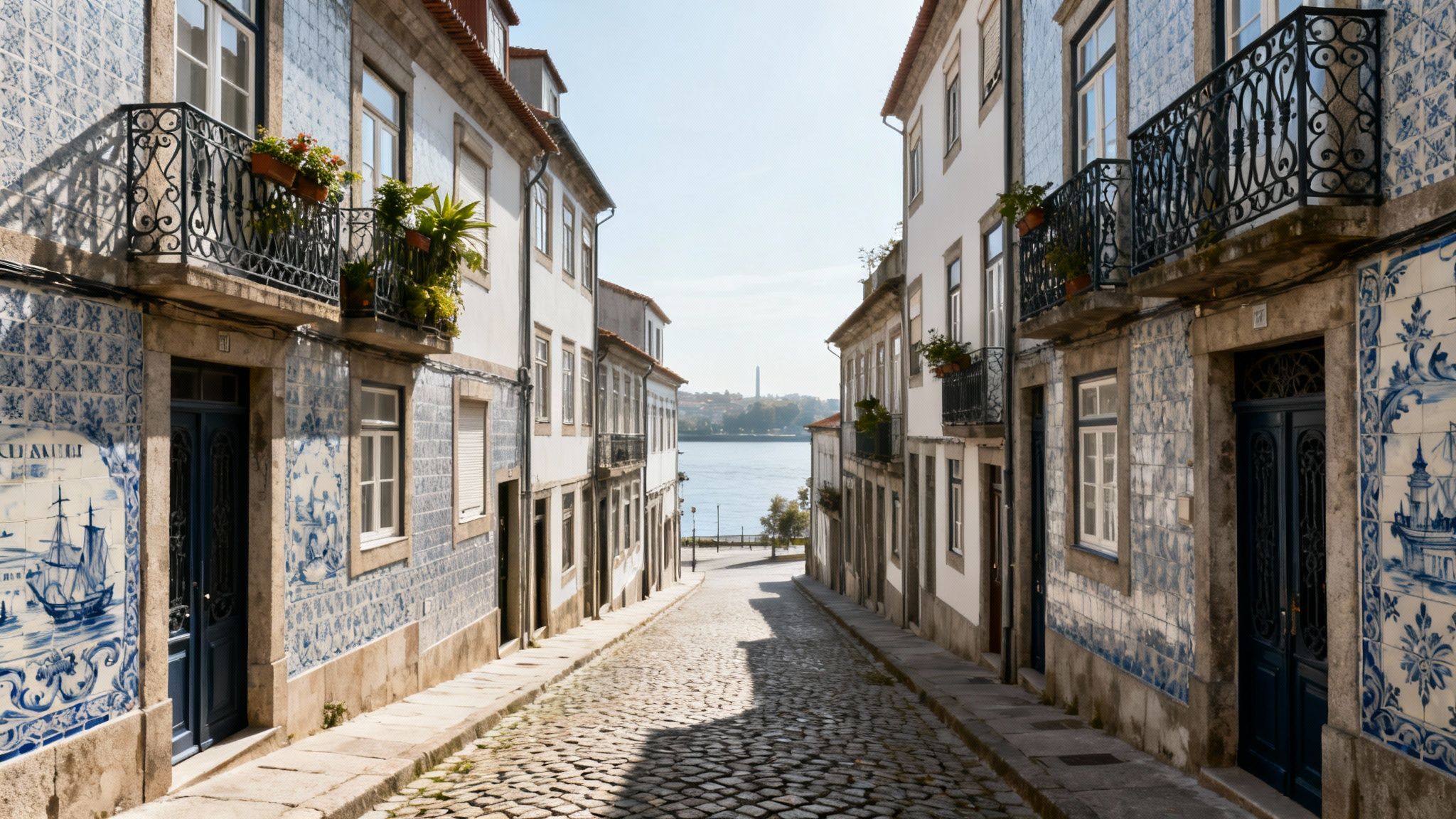 A charming cobblestone street in Porto, Portugal, lined with traditional azulejo-tiled buildings and river view.