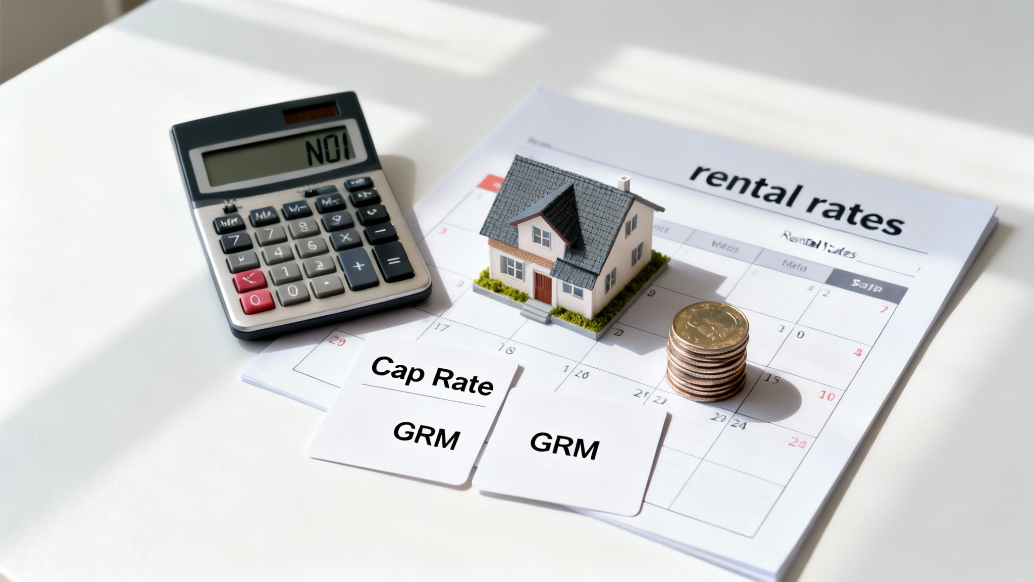 Calculator showing 'NOI,' house model, coins, and cards with 'Cap Rate' and 'GRM' for real estate valuation.