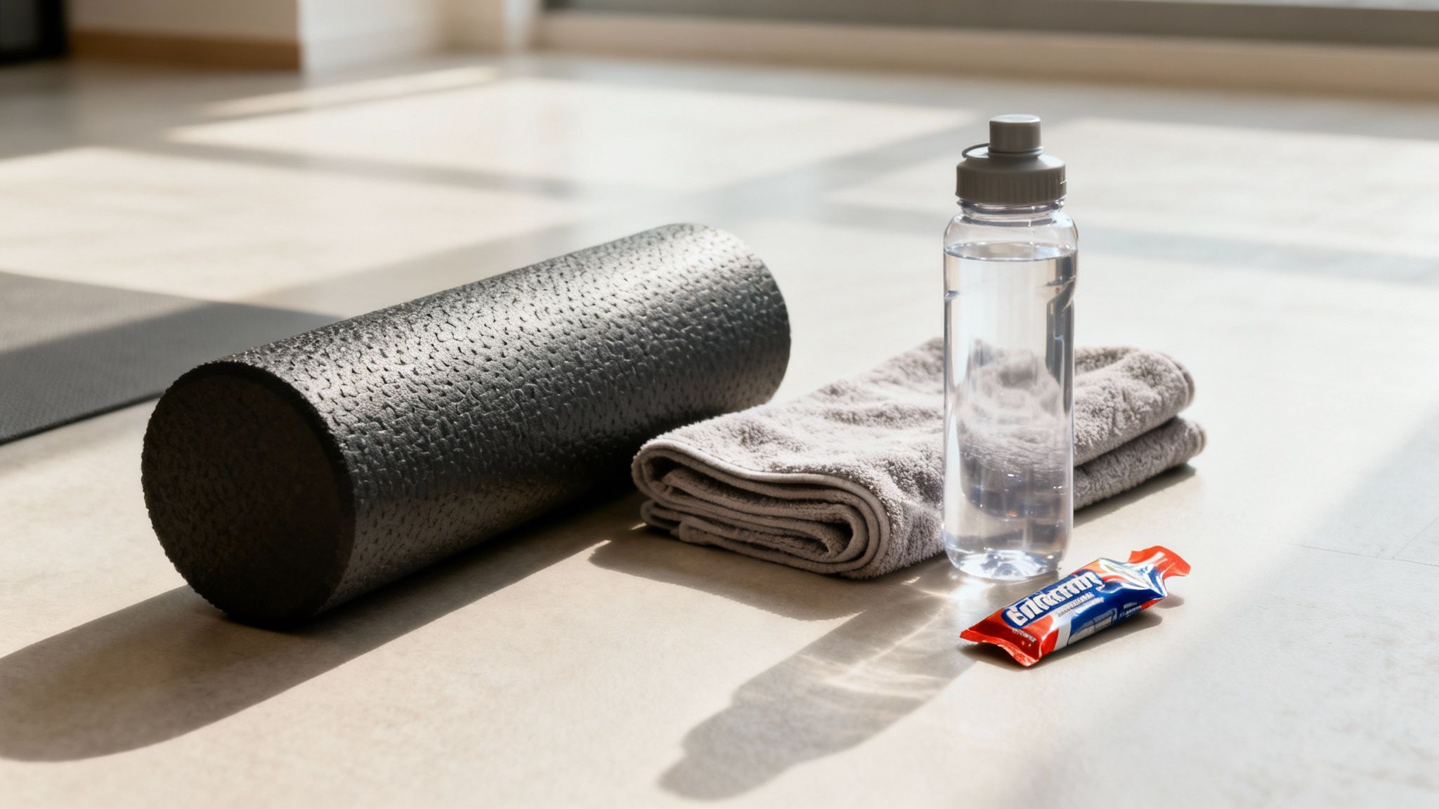 Fitness essentials on a floor: foam roller, water bottle, towel, and a snack bar.