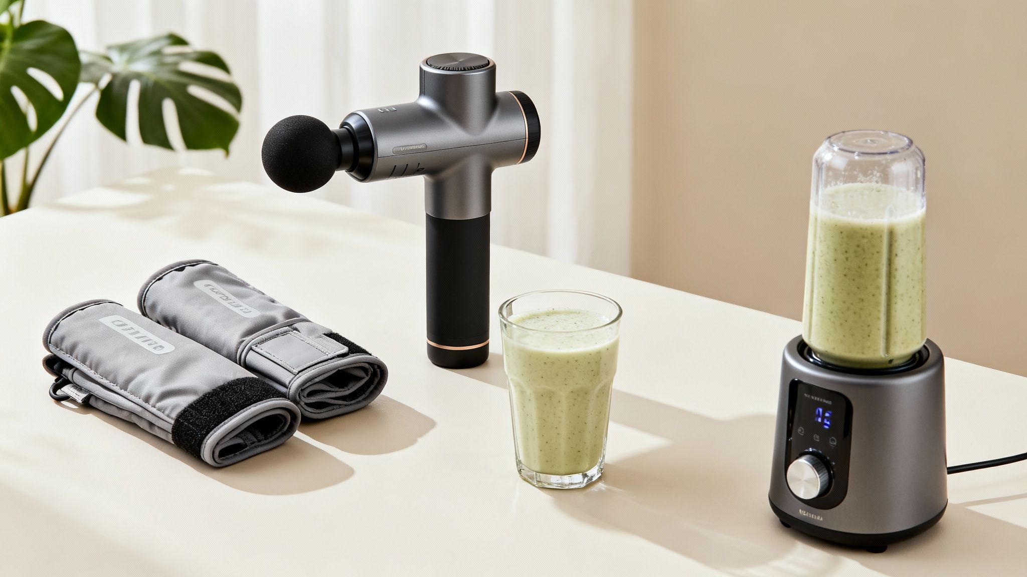 A massage gun, arm compression sleeves, a blender, and a glass of green smoothie on a table.