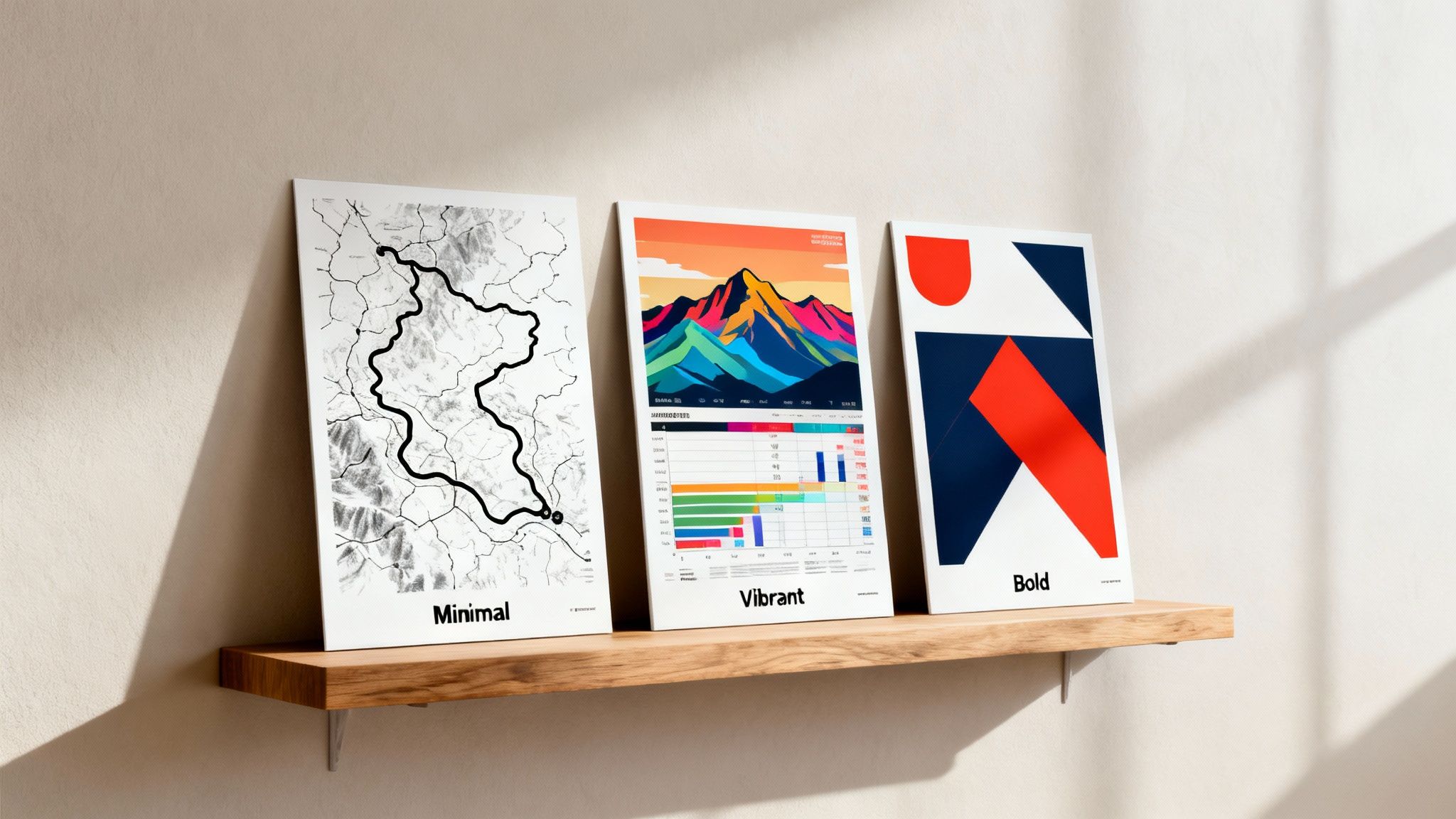 Three modern race-themed posters, labeled Minimal, Vibrant, and Bold, displayed on a wooden shelf.