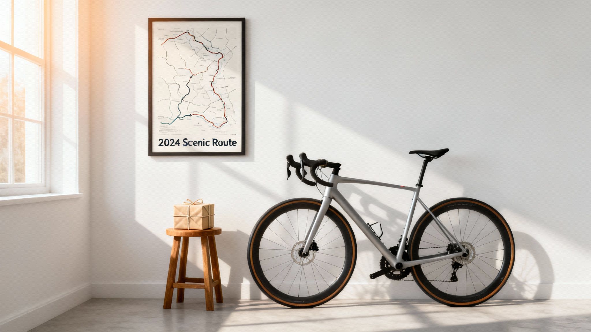 A modern gray road bike leaning against a white wall, with a framed 2024 scenic route map and wrapped gifts.