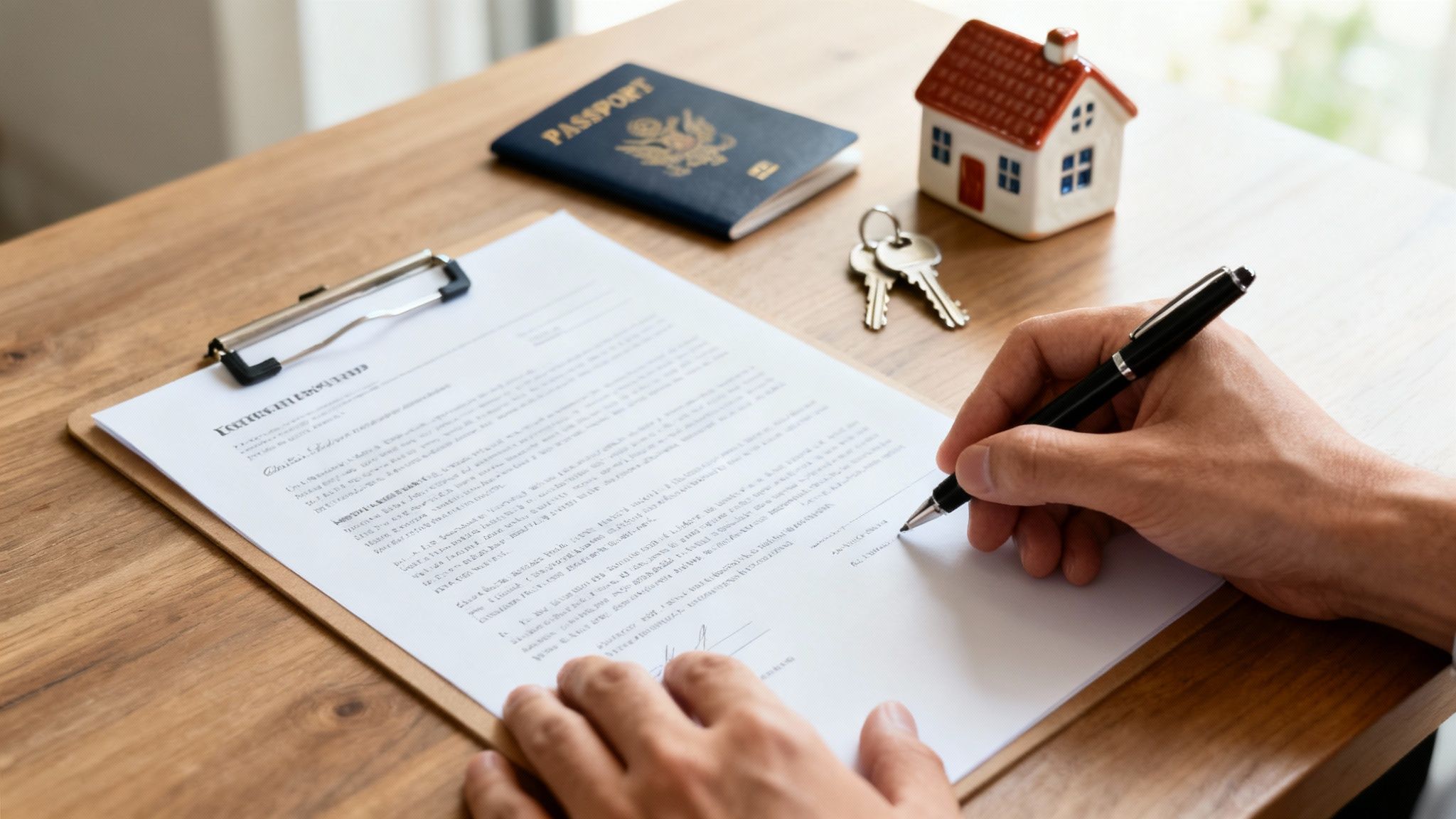 Hands signing property papers next to a passport, house model, and keys on a wooden desk.