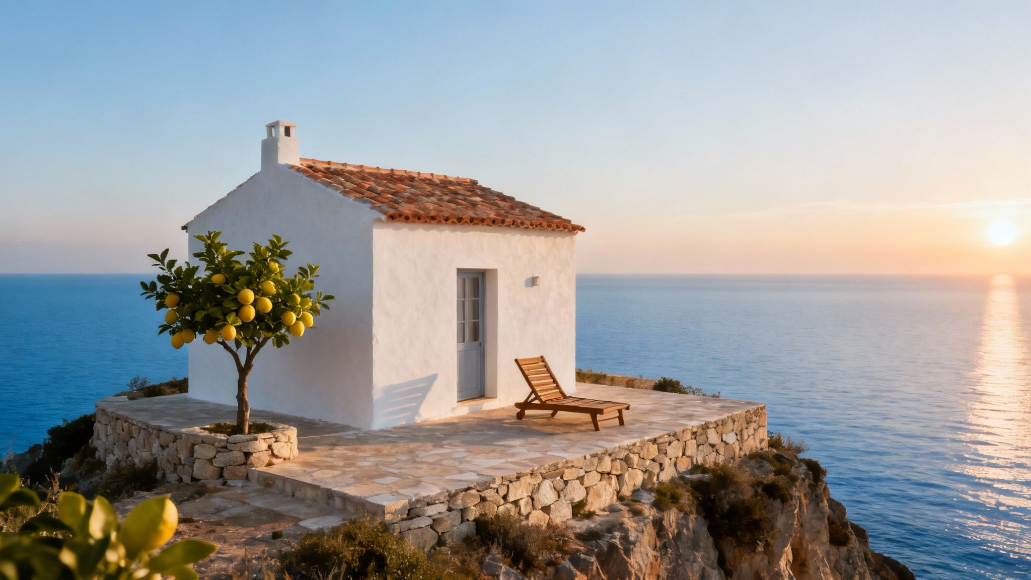 White Mediterranean villa with terracotta roof and lemon tree overlooking blue sea at sunset