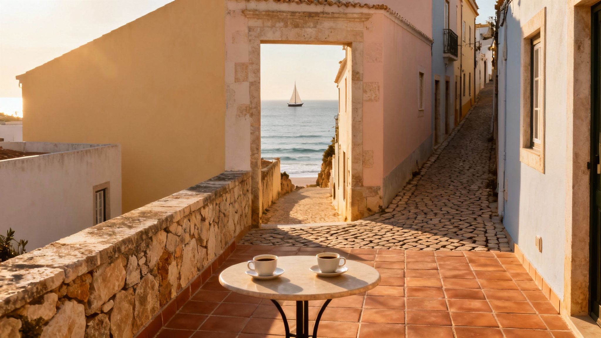 A scenic terrace view with two coffees, overlooking a charming street, a beach, and a sailboat at sunset.