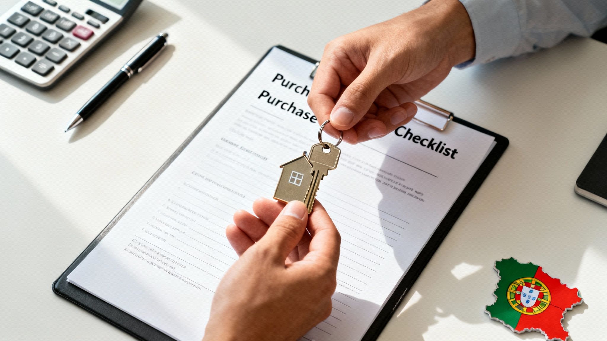 Hands exchanging a house key with a Portugal map magnet, signifying real estate purchase.