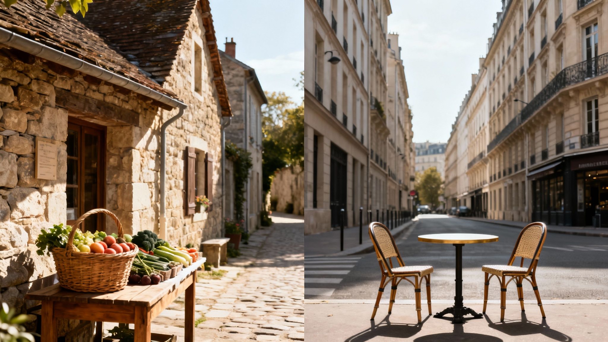 Split image contrasting a rustic French village market with a classic Parisian street cafe.