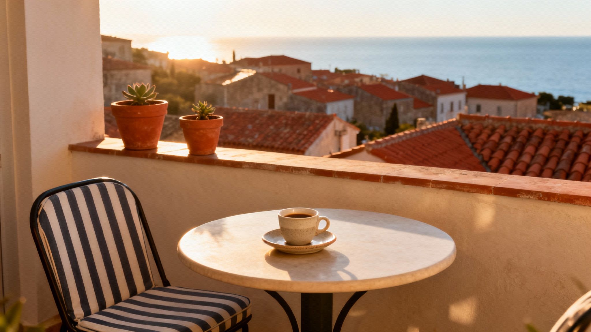 Balcony view at sunset with a coffee cup, striped chair, and potted plants, overlooking a seaside village.