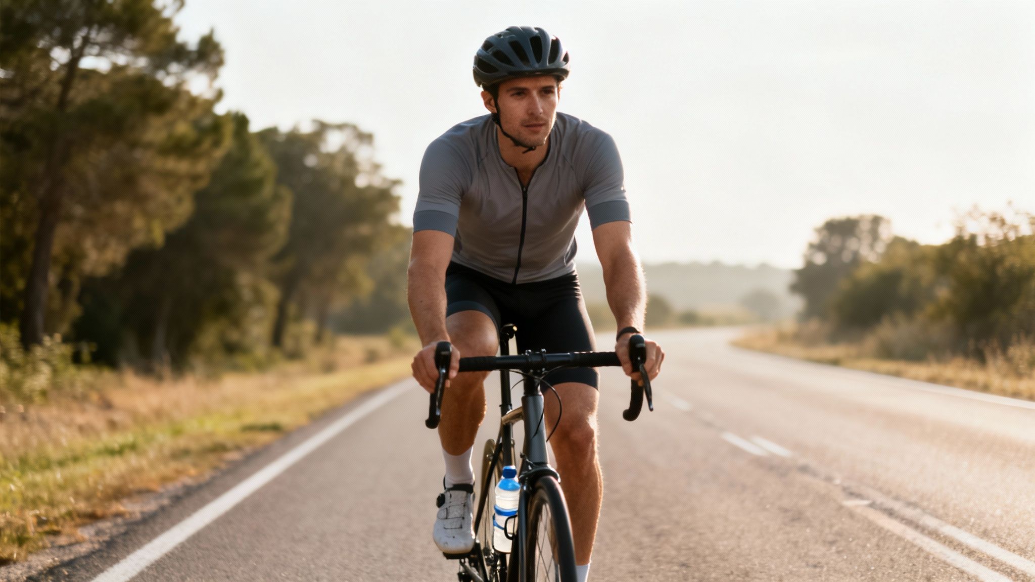 A man in a helmet and cycling gear rides a road bike on a paved road lined with trees.