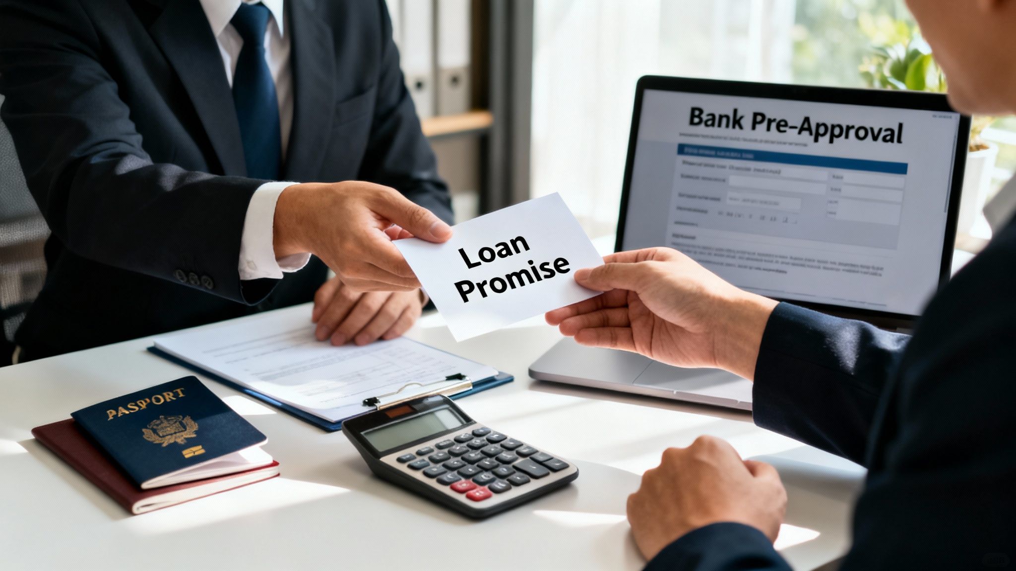 Two men exchange a 'Loan Promise' card across a desk with a laptop displaying 'Bank Pre-Approval'.