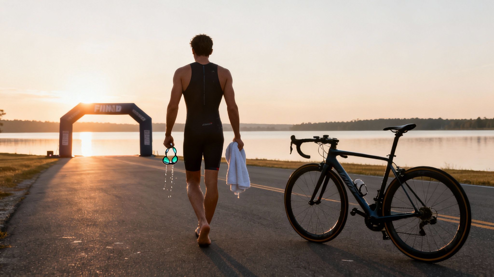 A triathlete in a wetsuit walks towards a lake with goggles and a towel, a bike parked nearby, at sunset.