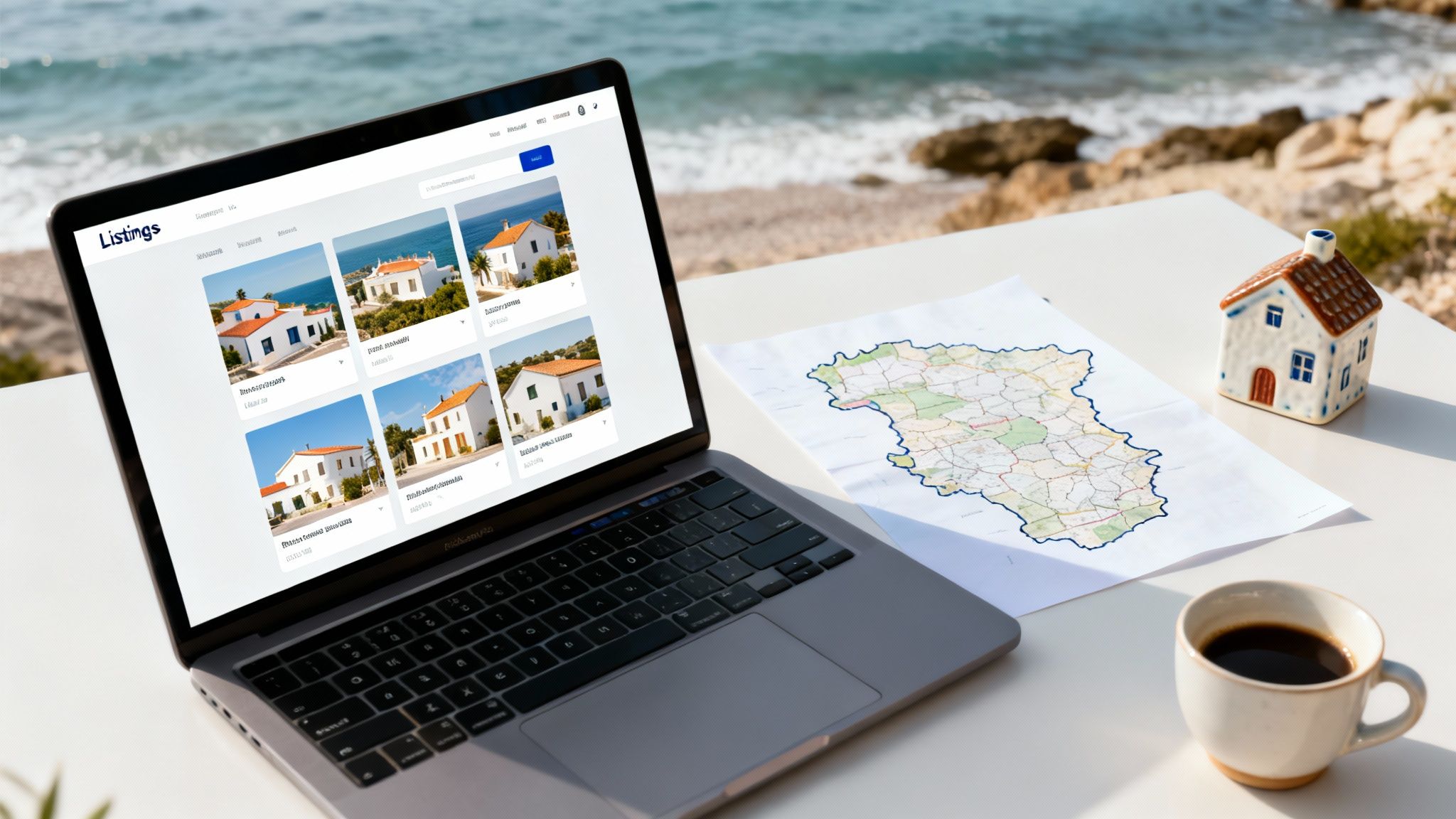 A laptop displaying real estate listings and a map on a table by the ocean.