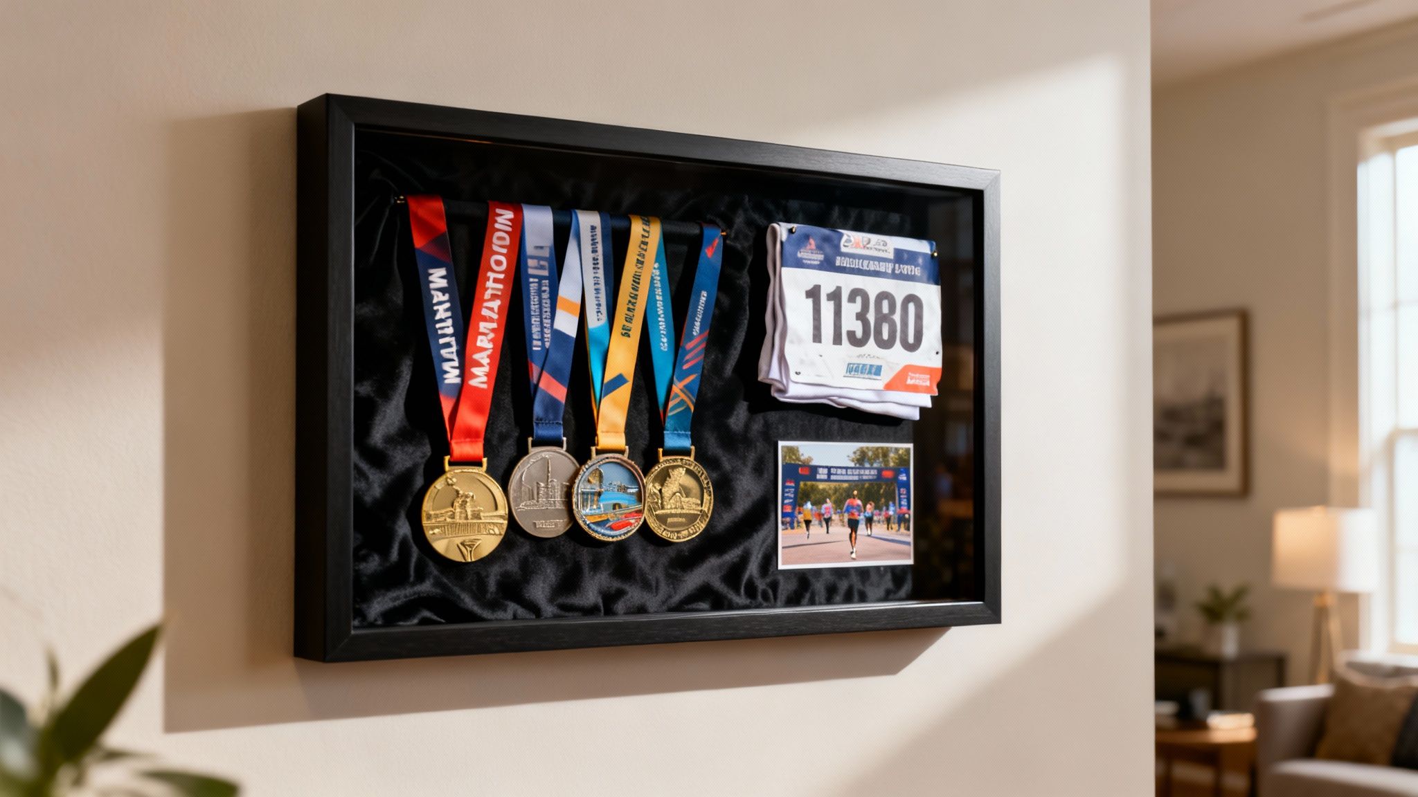 A black shadow box frame proudly displays five running race medals, a bib, and a finish line photo.