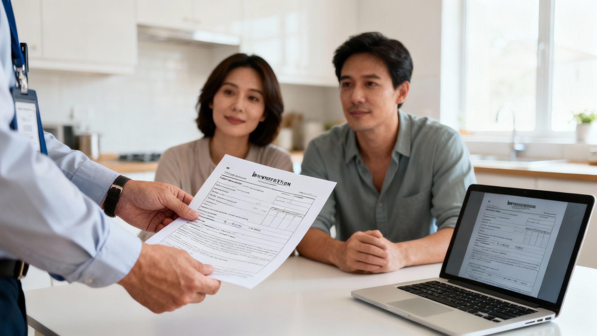 An inspector hands property documents to an attentive couple in a bright, modern kitchen, with a laptop open on the table.