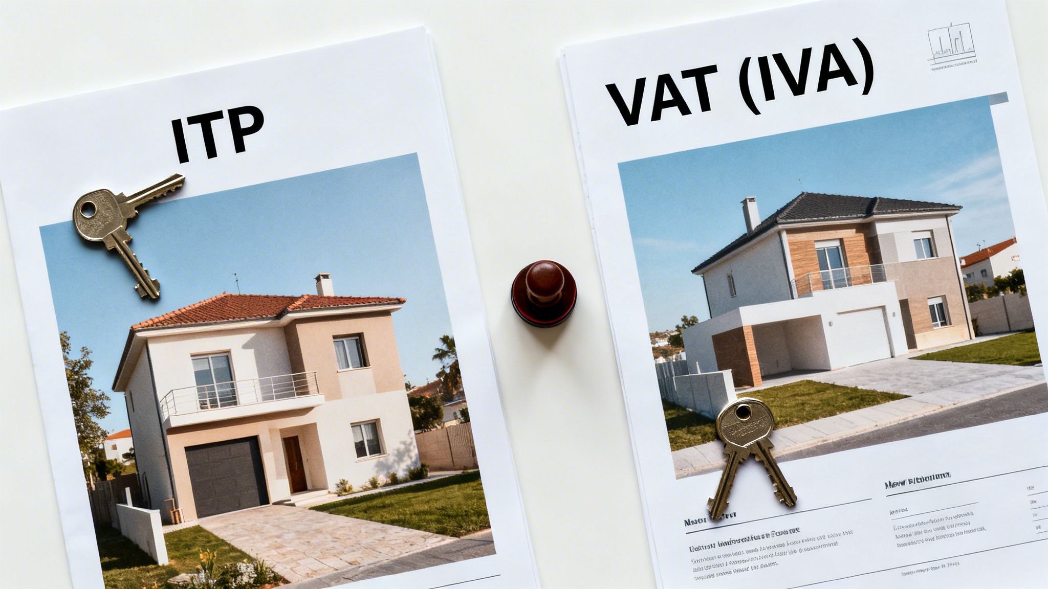 Two documents showing houses and keys, labeled 'ITP' and 'VAT (IVA)', with a stamp between them.