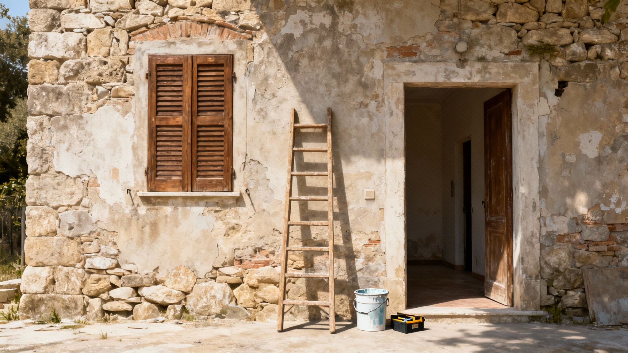 An old stone building with a wooden ladder, paint bucket, and toolbox outside, suggesting renovation.