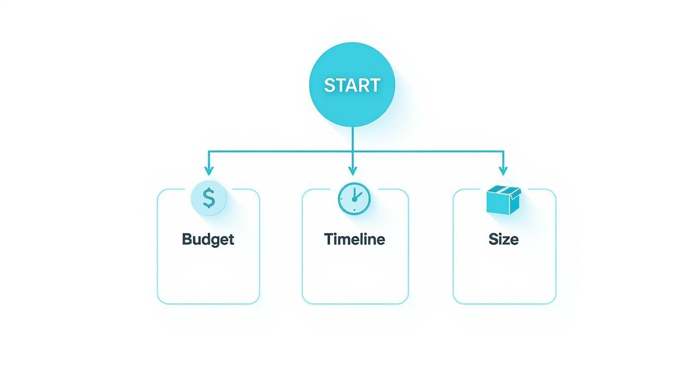 Flowchart illustrating key considerations for starting a project: budget, timeline, and size.