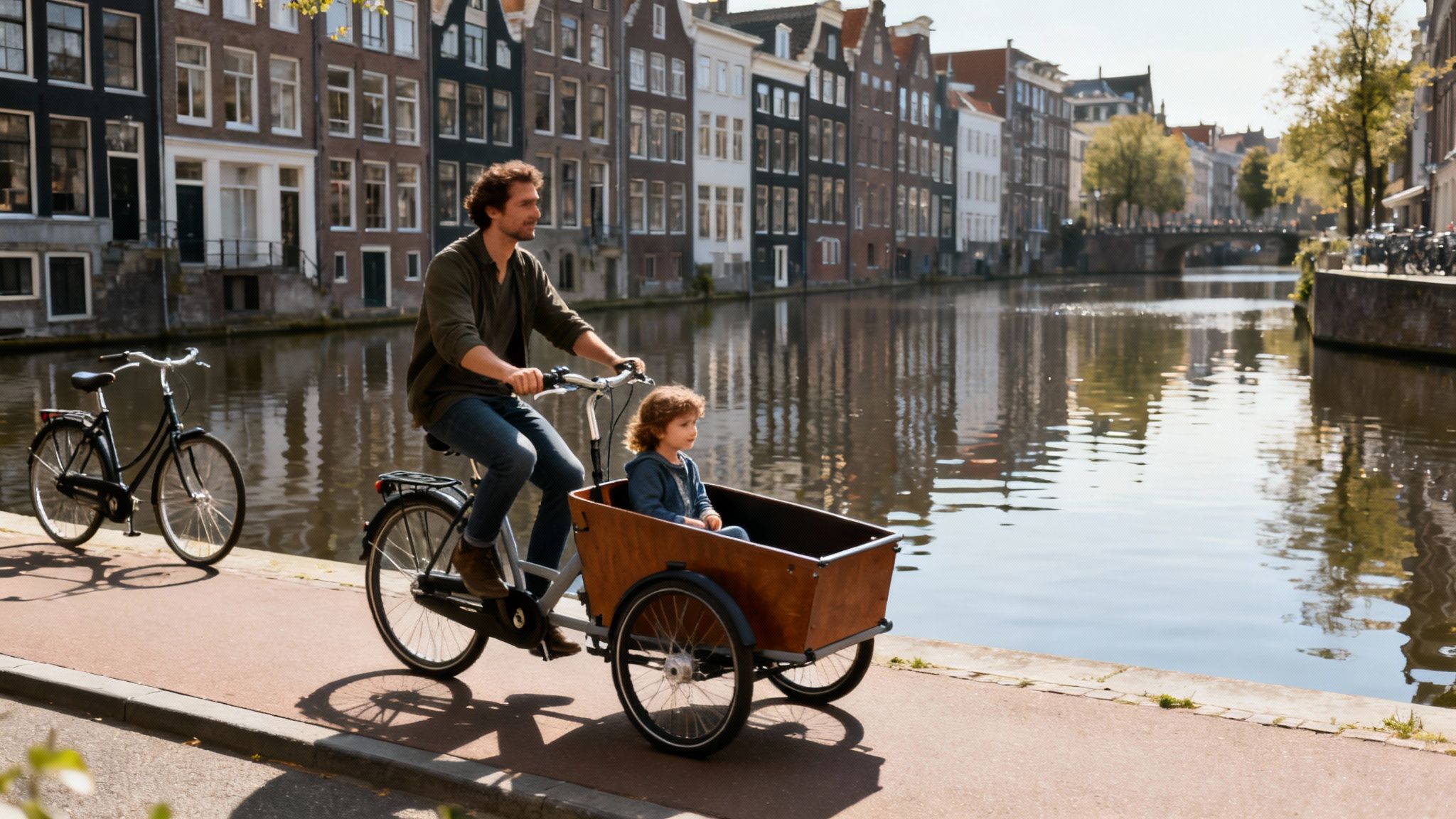 A father cycles a cargo bike with his child along a sunny canal in a European city.