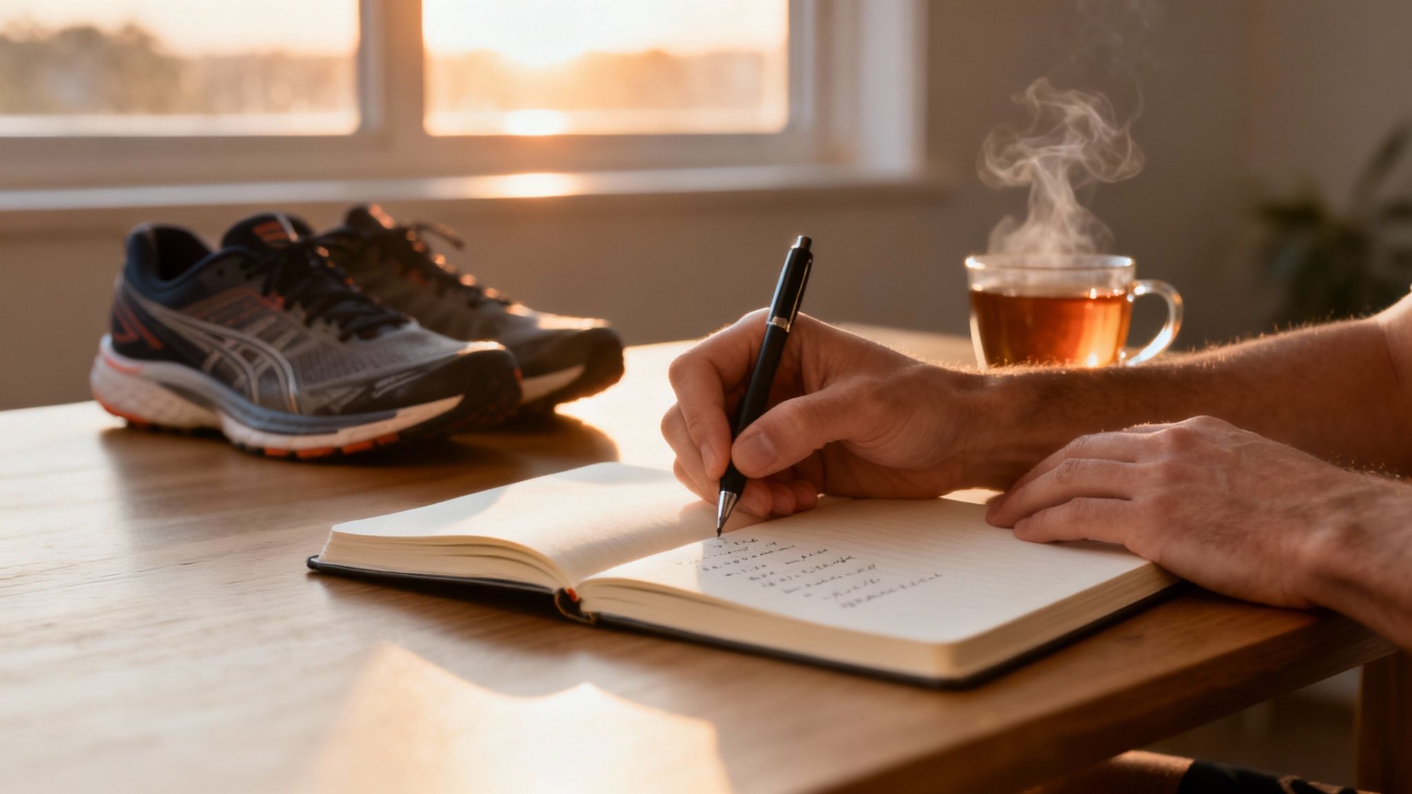 A person writes in a notebook with running shoes and a steaming cup of tea on a table.
