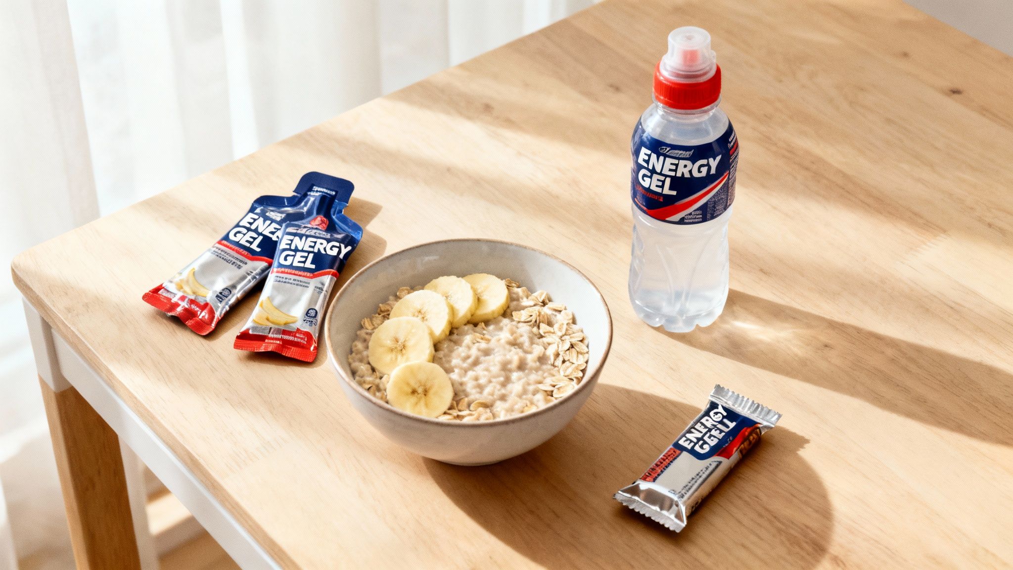 A breakfast of oatmeal with bananas, two energy gels, a drink, and an energy bar on a table.