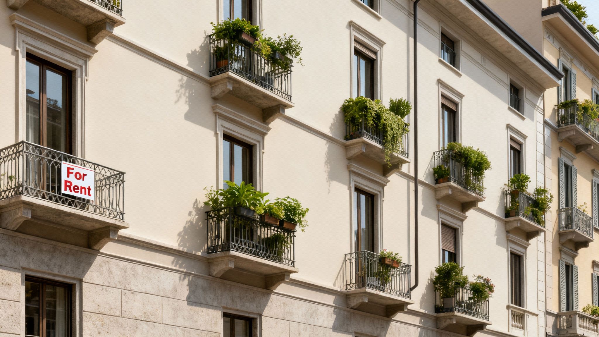 A cream-colored building facade in Milan, Italy, featuring multiple balconies with lush plants, one showing a 'For Rent' sign.