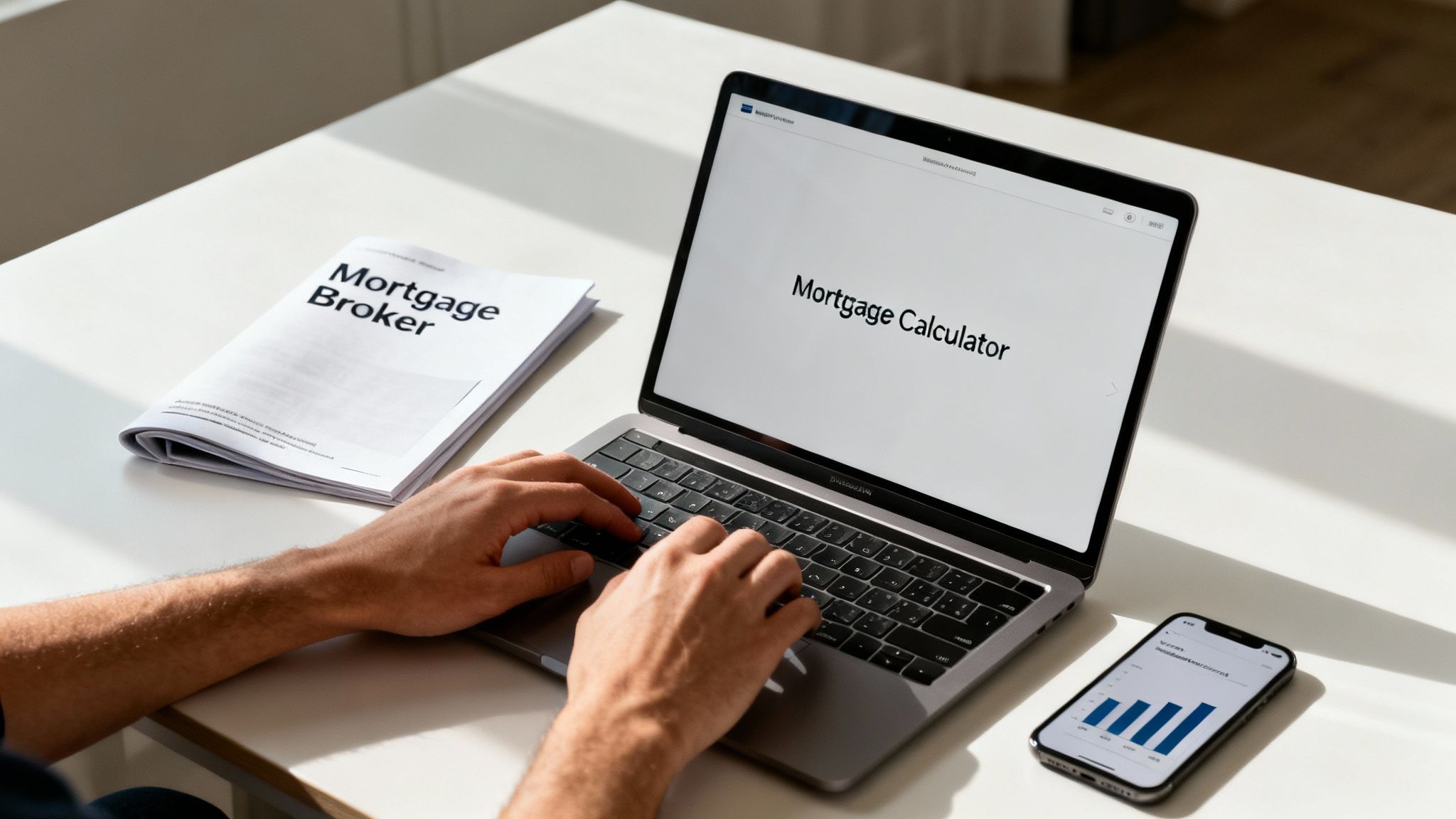 Person typing on a laptop displaying 'Mortgage Calculator', with a 'Mortgage Broker' document and phone showing financial data.