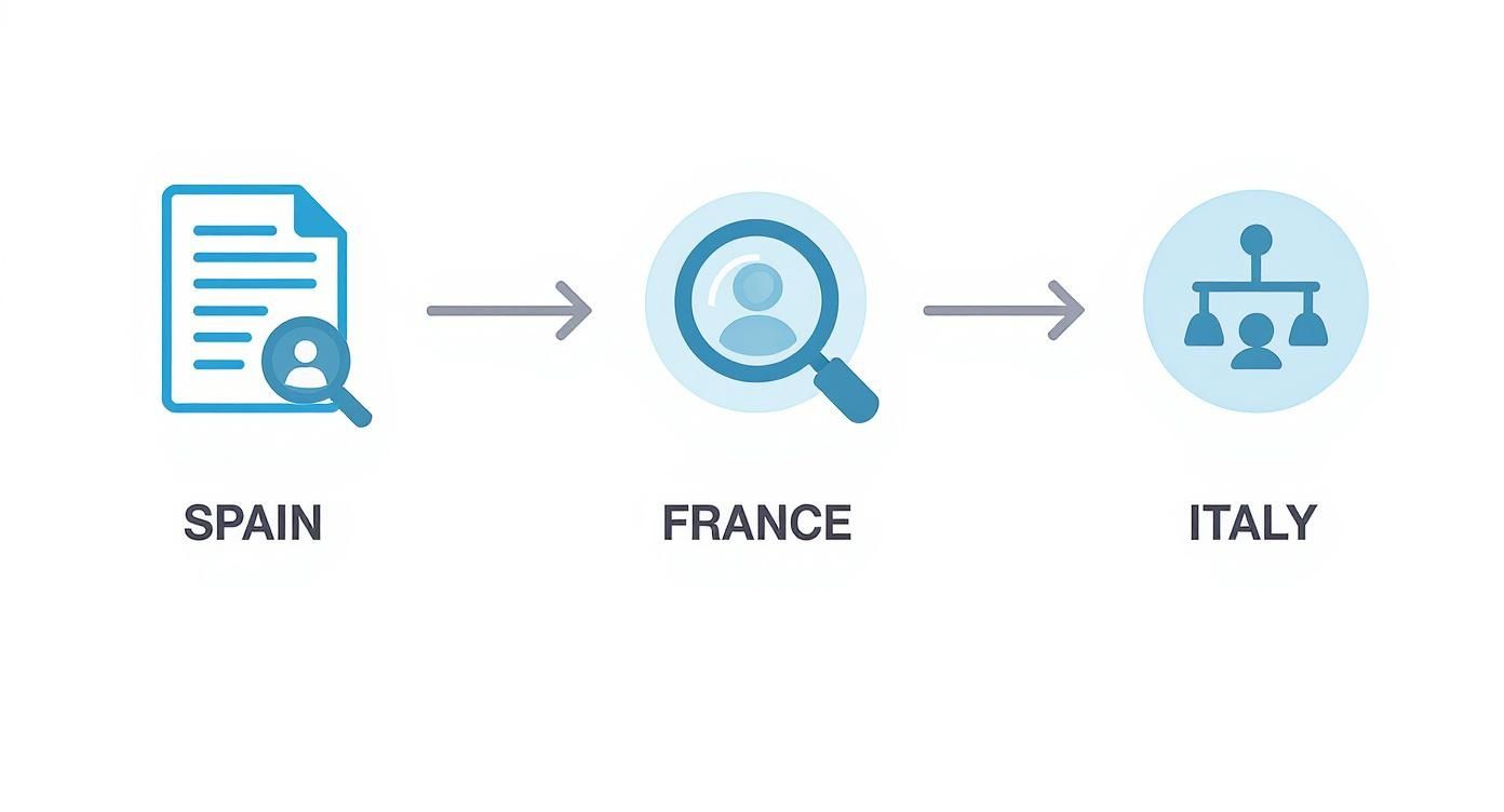 International real estate lawyer workflow diagram showing document review process across Spain, France, and Italy