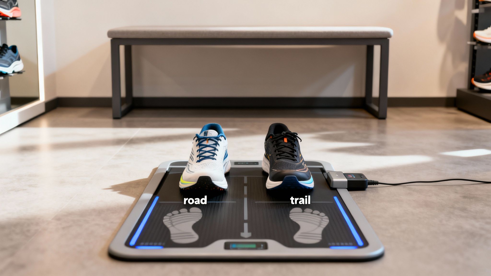 Two running shoes, one white for road and one black for trail, on a digital foot measuring mat.