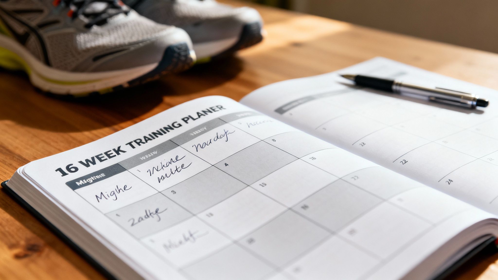 Open 16-week training planner with handwritten entries, a pen, and running shoes in the background.