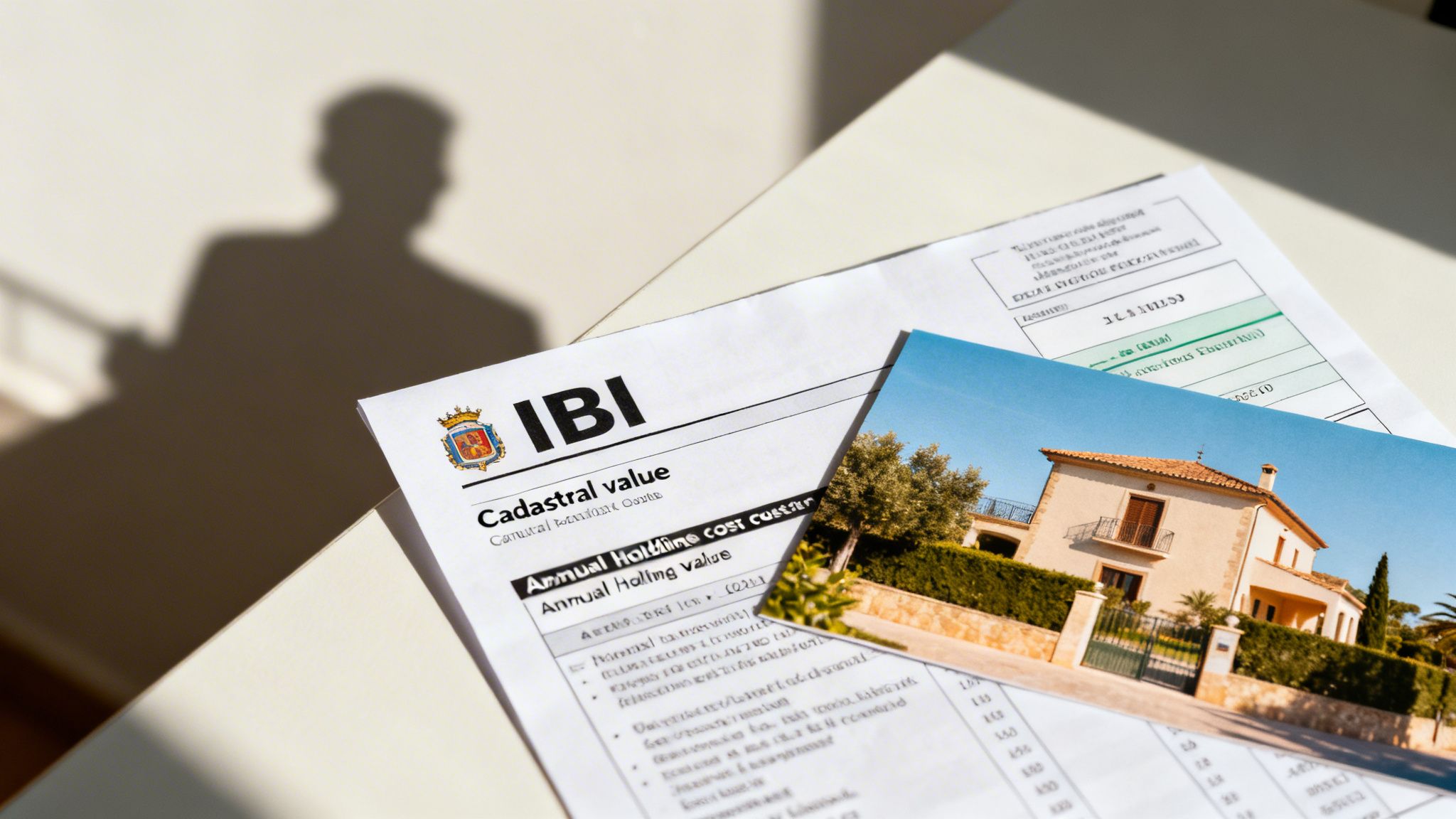 A Spanish IBI property tax document with a photo of a house, and a person's shadow.
