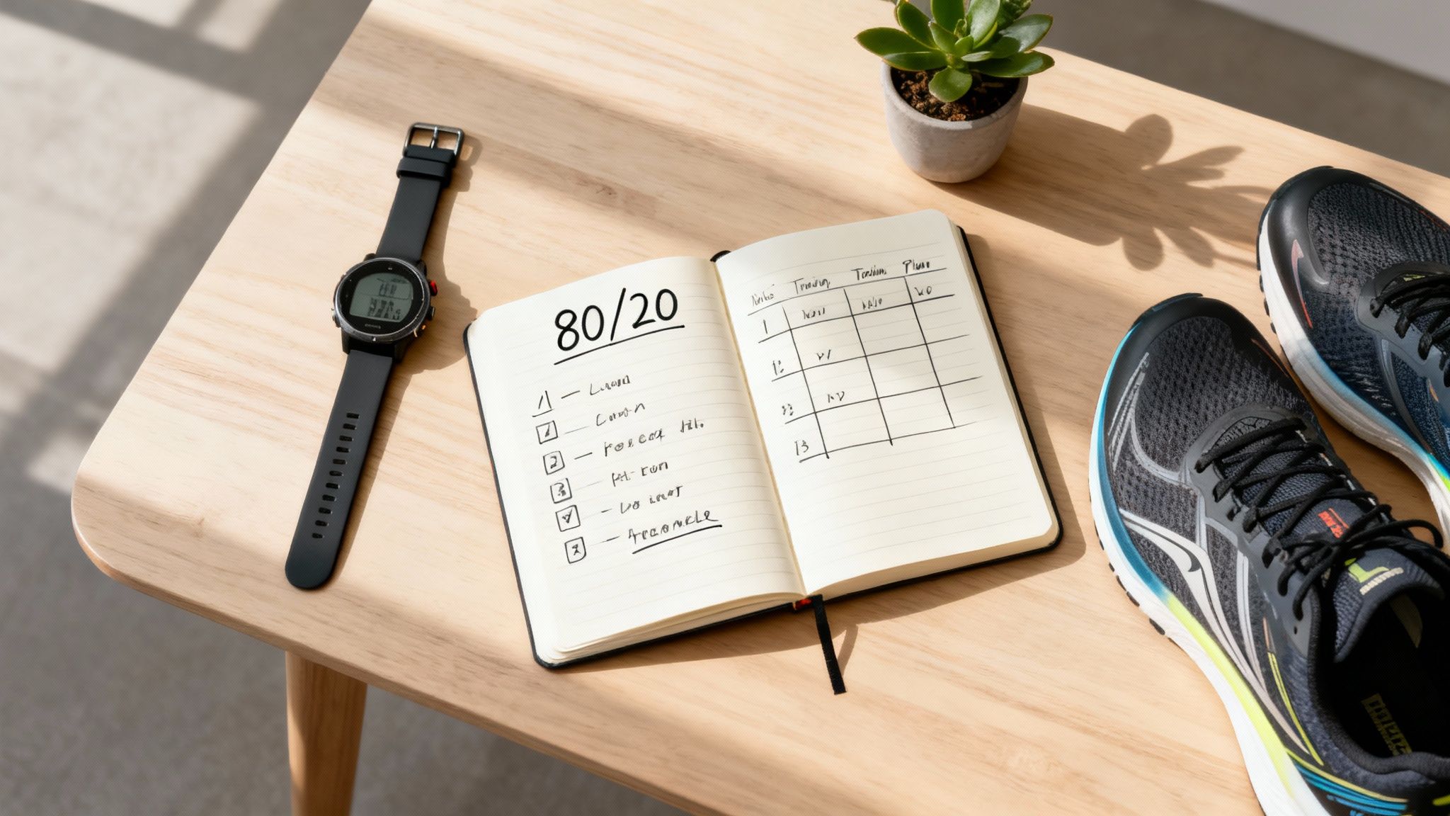 A flat lay of running gear including a watch, a training journal, and running shoes on a wooden table.