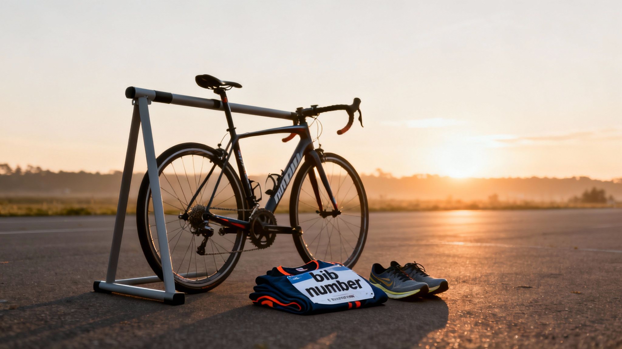 Road bike, running shoes, and a bib number jersey ready for a triathlon at sunrise.