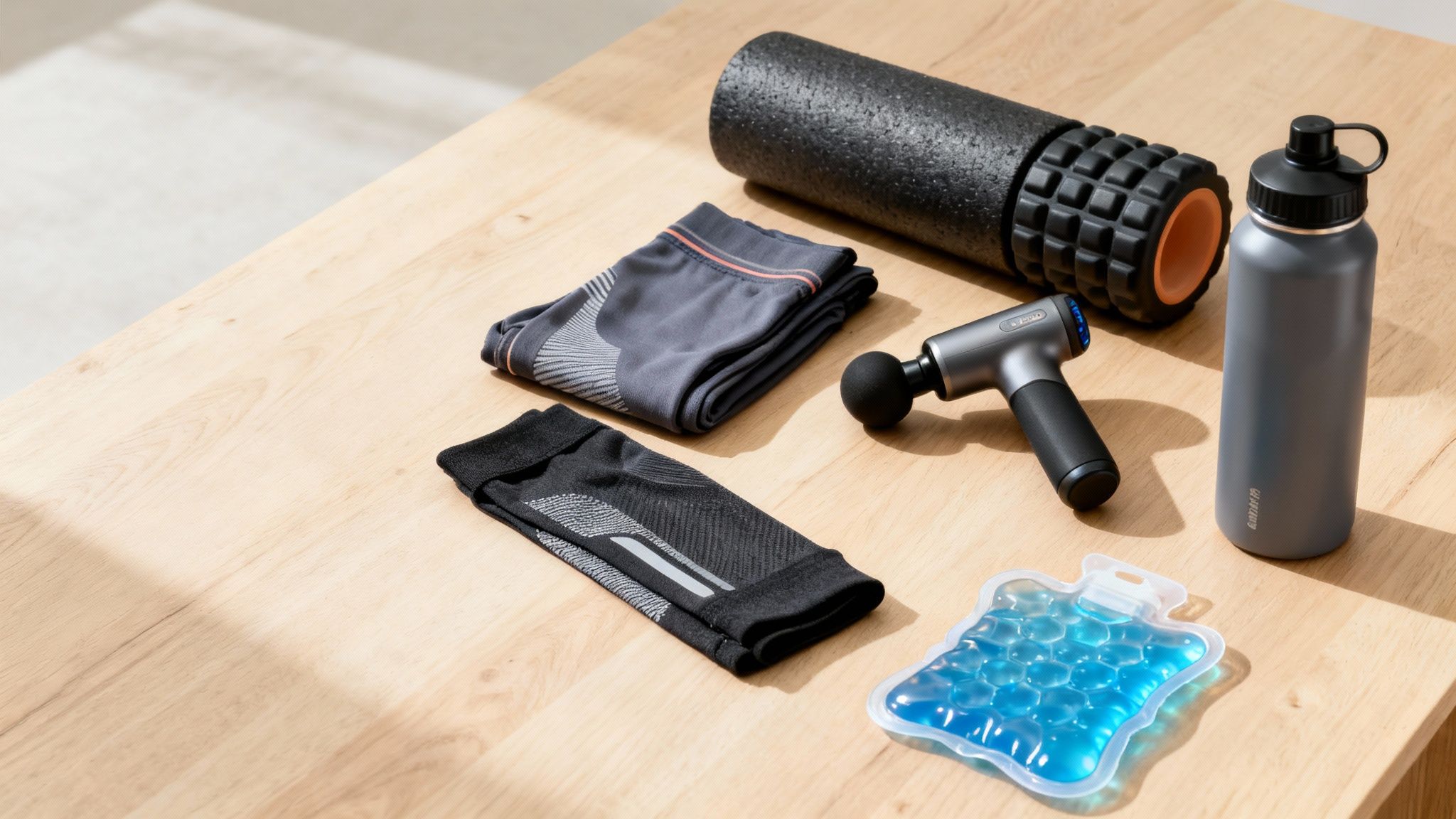 A collection of fitness recovery gear, including a foam roller, massage gun, and compression sleeves, on a wooden table.